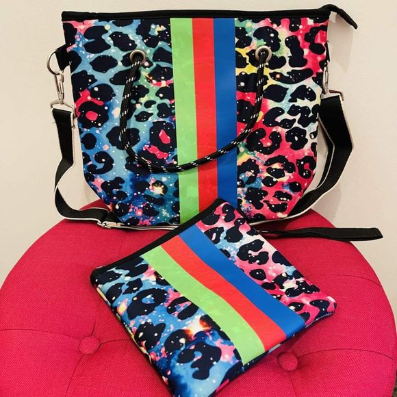 Colorful Leopard Neoprene Tote with Stripes - Picture 1 of 2